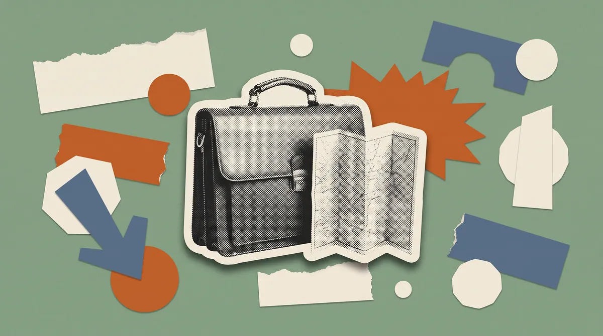Illustration of a briefcase and folded map marking Jimson Tellis's move from Raymond Lifestyle