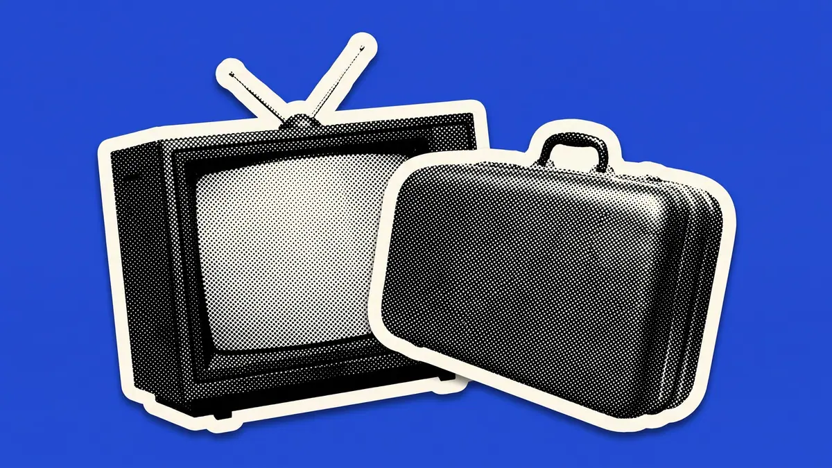 A halftone paper cutout of a retro television set and a travel suitcase, on a flat cobalt blue background