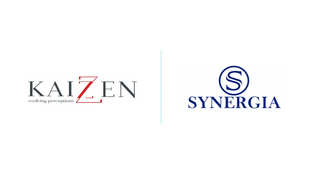 A microphone and a printed document as halftone cutouts, for Kaizzen being named strategic communications partner for Synergia Foundation