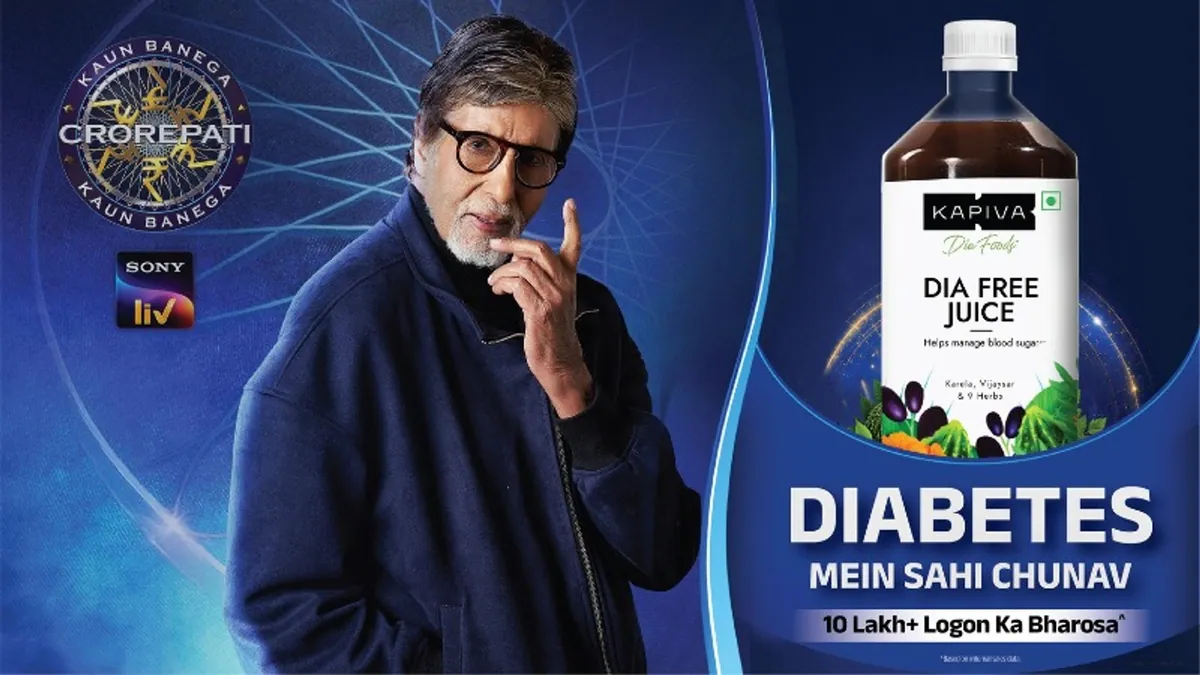 Amitabh Bachchan beside the Kapiva Dia Free Juice bottle in the Kaun Banega Crorepati 18 partnership visual