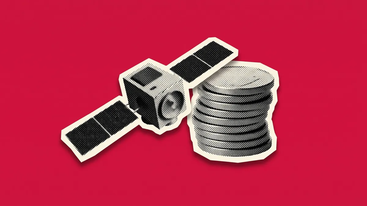 A halftone paper cutout of a satellite with solar panels beside a stack of coins, on a flat crimson background
