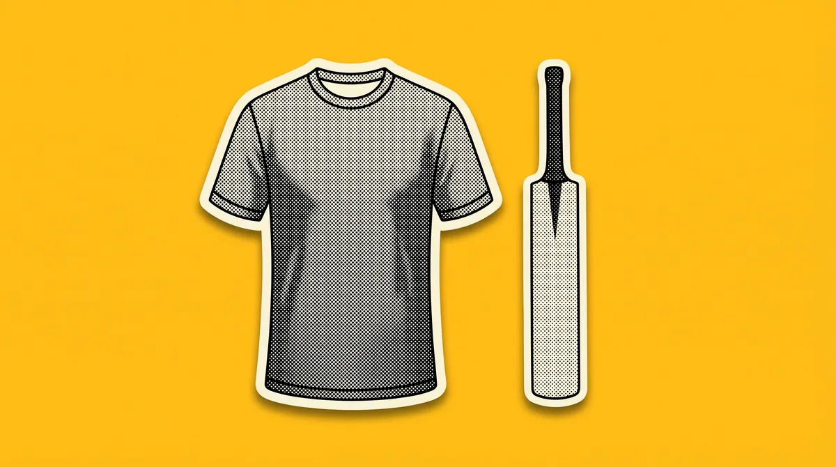A halftone paper cutout of a cricket jersey and a cricket bat on a flat coloured background