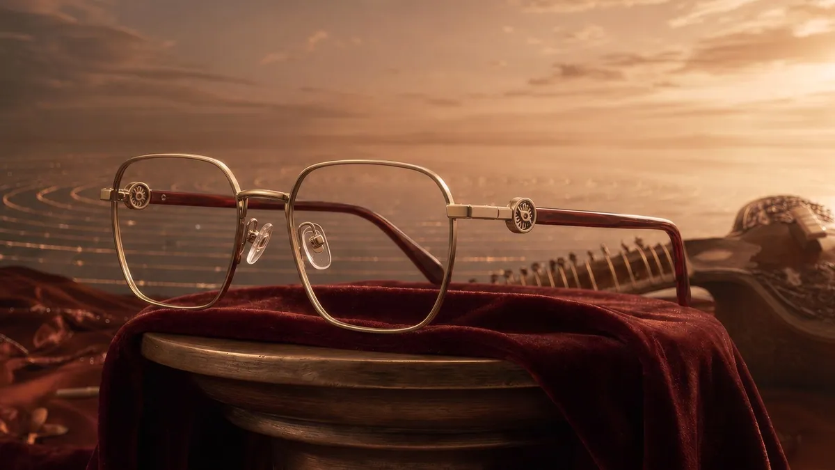Gold Shunya frames resting on red velvet with a sitar behind them, from Lenskart's Indian Accents collection