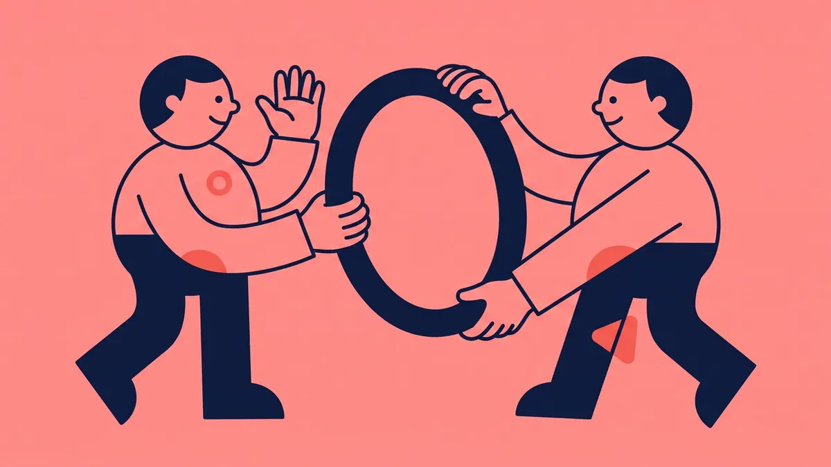 A flat vector character handing over a portrait frame while keeping hold of one corner