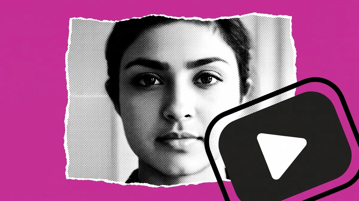 A play button lands across the corner of a torn halftone portrait on a flat magenta ground