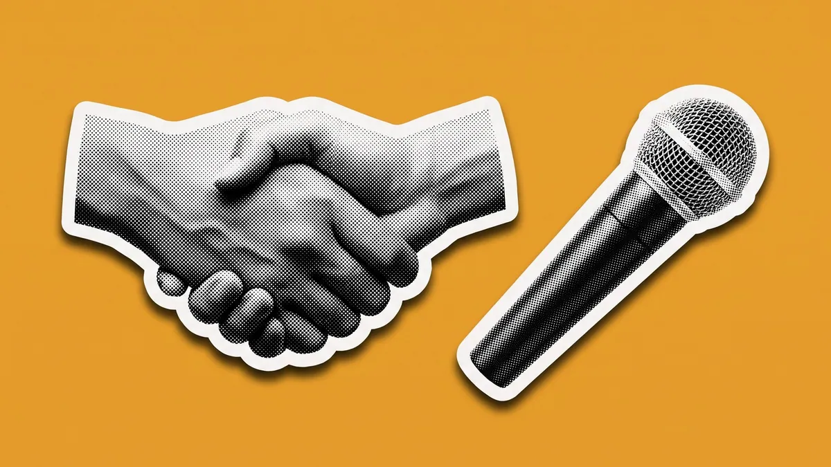 A microphone beside a handshake as halftone cutouts on a flat amber ground, for the Maars Communicates and Animeta mandate