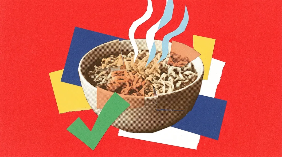 A halftone bowl of steaming noodles beside a green tick on a red ground