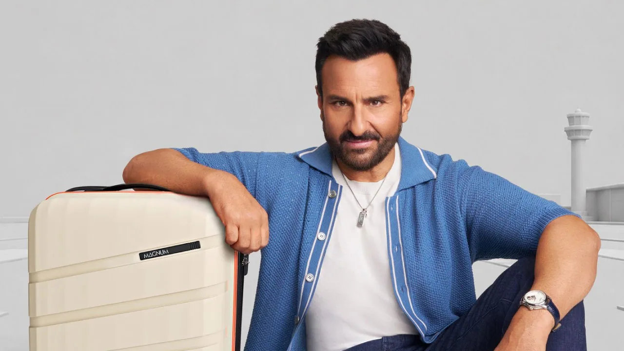 A trolley bag and a pair of sunglasses as halftone cutouts, for Magnum by Safari signing Saif Ali Khan as its brand ambassador