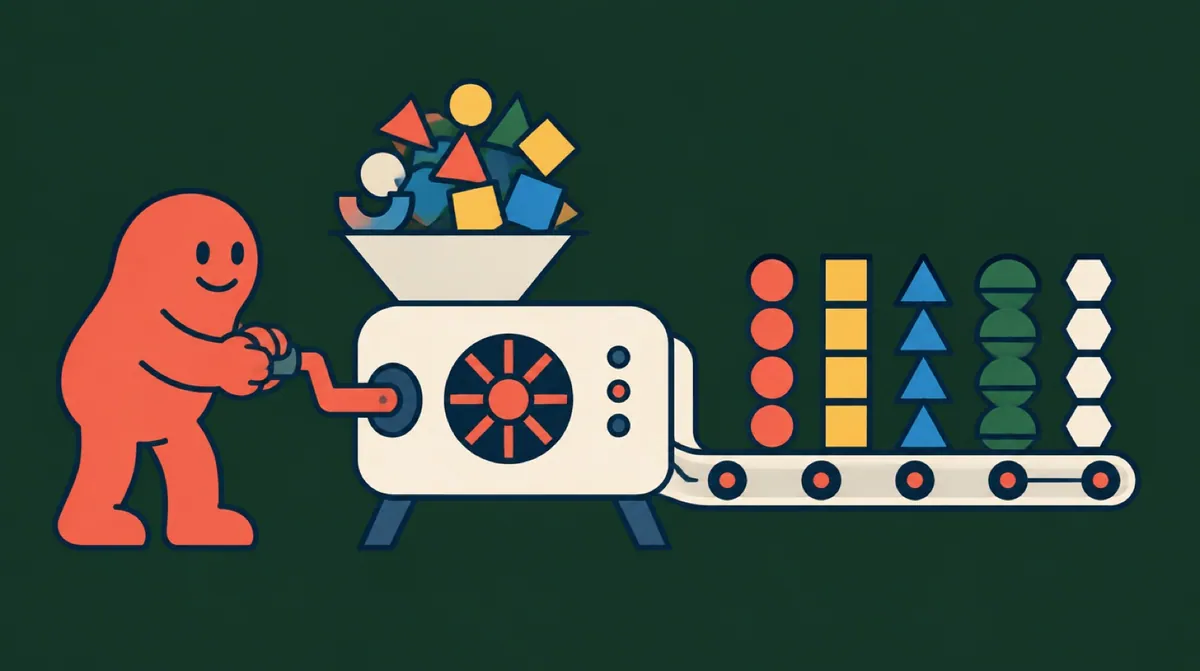 A flat vector character turning the handle of a machine that sorts mixed shapes into neat columns
