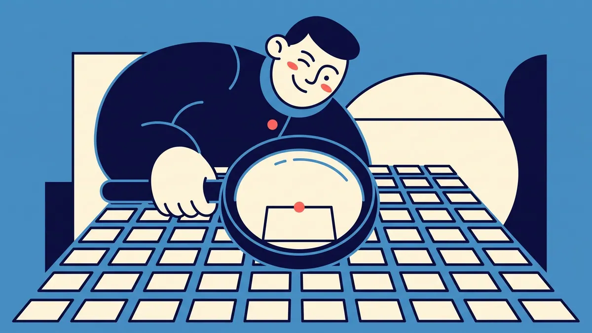 A flat vector character holding a magnifying glass over a grid of nearly identical shapes
