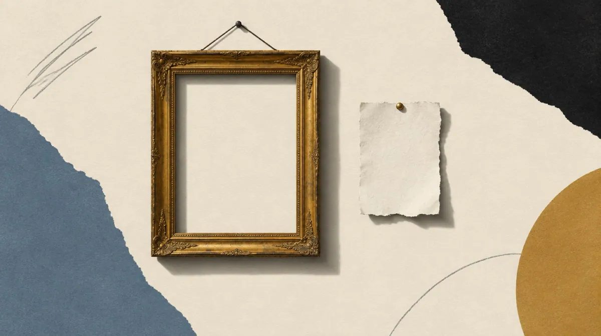 A small paper scrap pinned beside a large framed canvas on the same wall