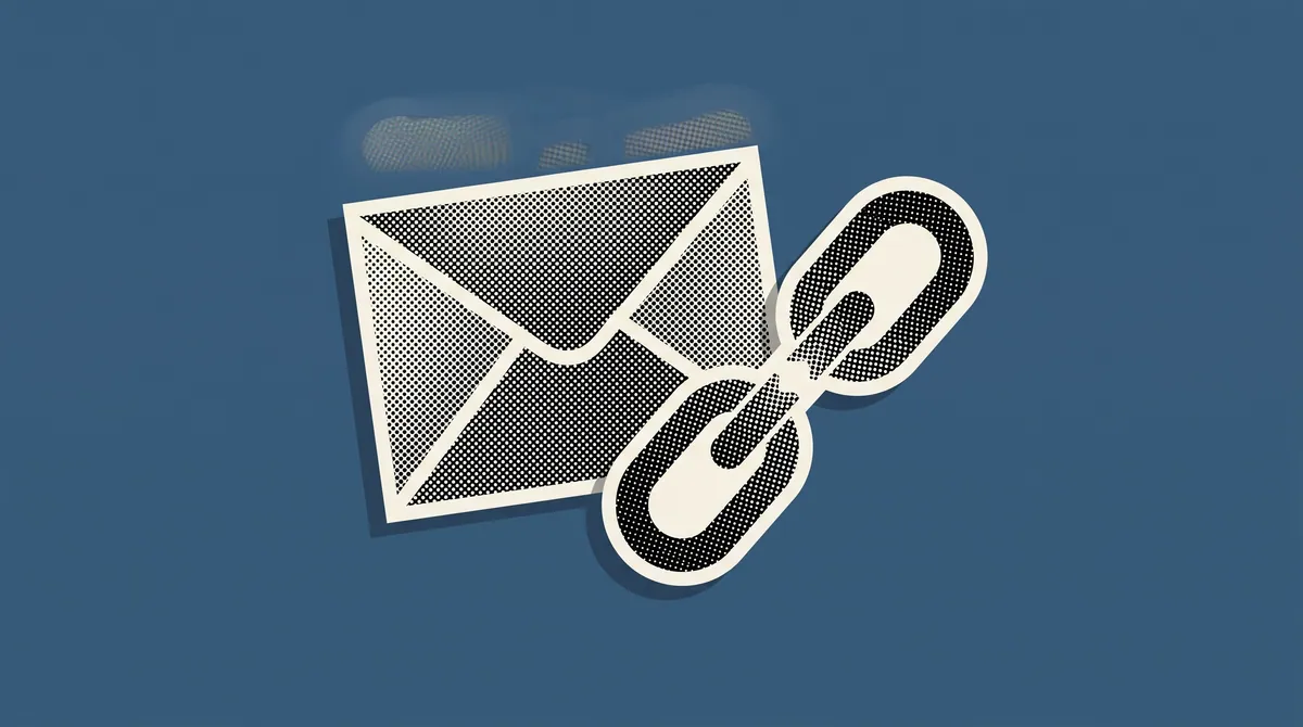 A halftone paper cutout of an envelope and a broken chain link on a flat coloured background