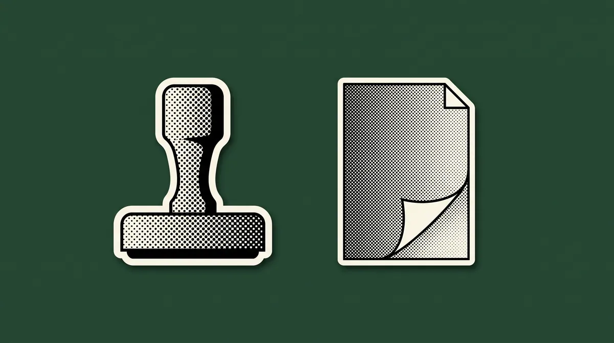 A halftone paper cutout of a rubber stamp and a folded document on a flat coloured background