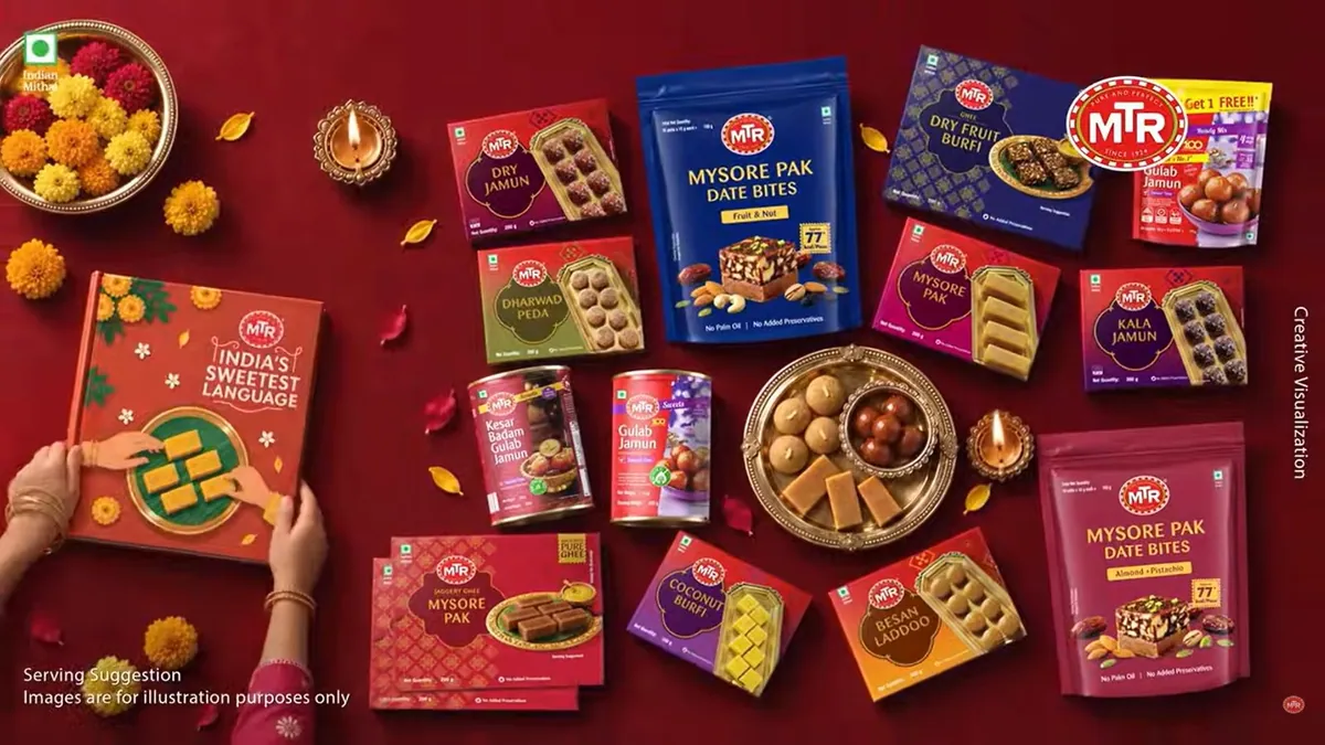 The India's Sweetest Language book open beside MTR sweet packs and a festive thali, from the brand's festive campaign