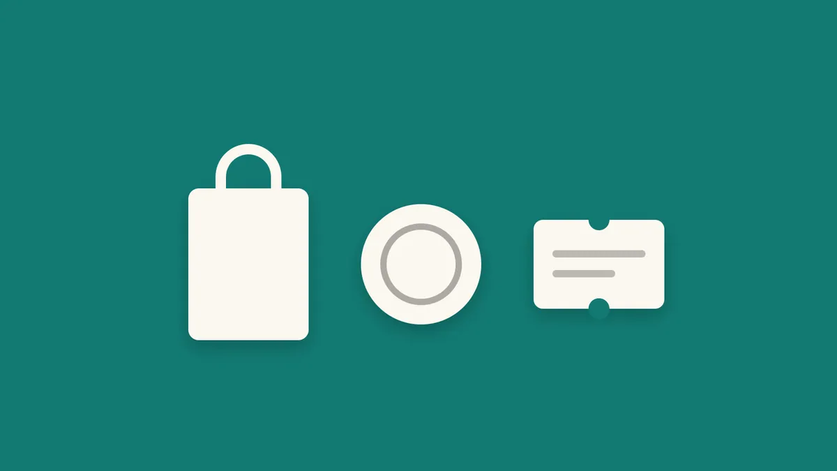 A shopping bag, a dining plate and a cinema ticket illustrated in a row