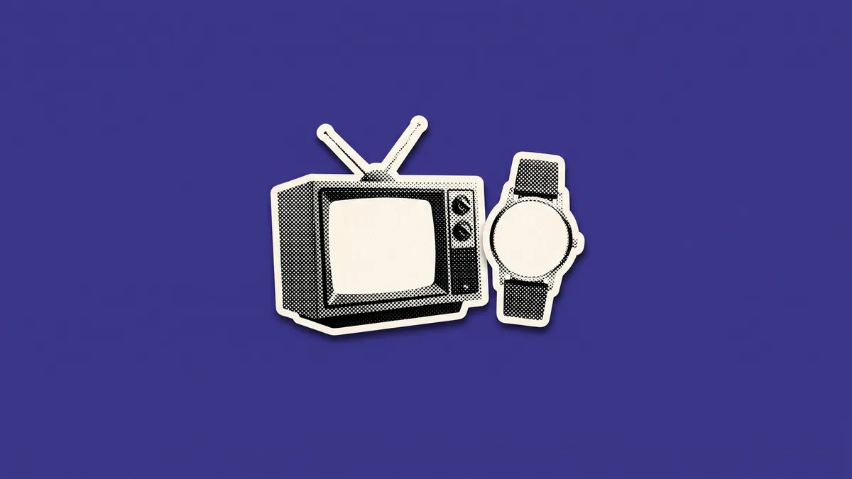 Halftone paper cutout of a television set and a wearable measurement device, for Nielsen’s currency update