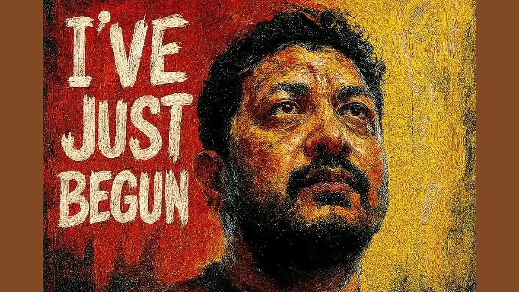 Painted portrait of Niladri Das looking upward against red and ochre, the artwork he uses as his own public portrait