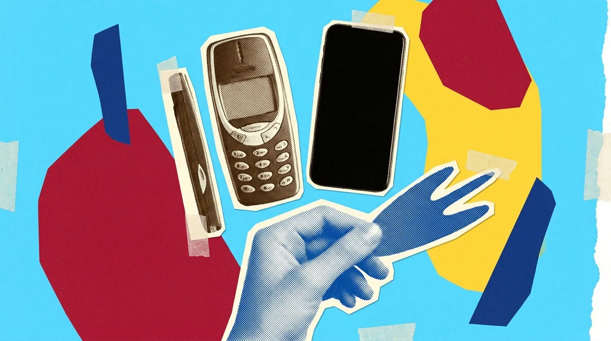 A collage of a Nokia candybar handset beside a modern smartphone, with a hand reaching for it