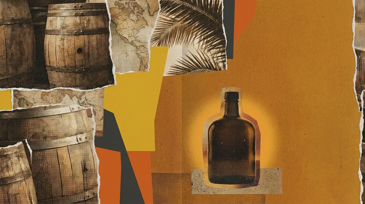 Wooden barrels beside a dark rum bottle in a warm toned collage