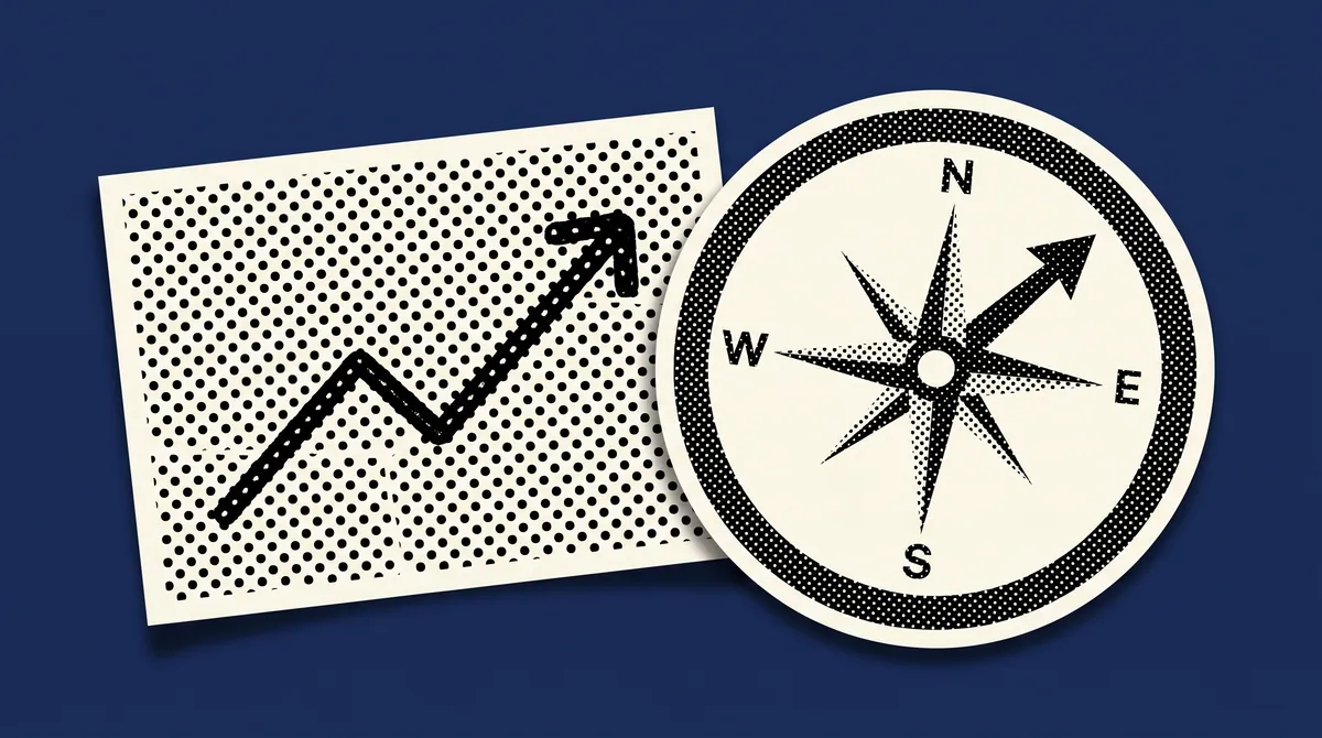 A halftone paper cutout of a hand-drawn line chart and a compass on a flat coloured background