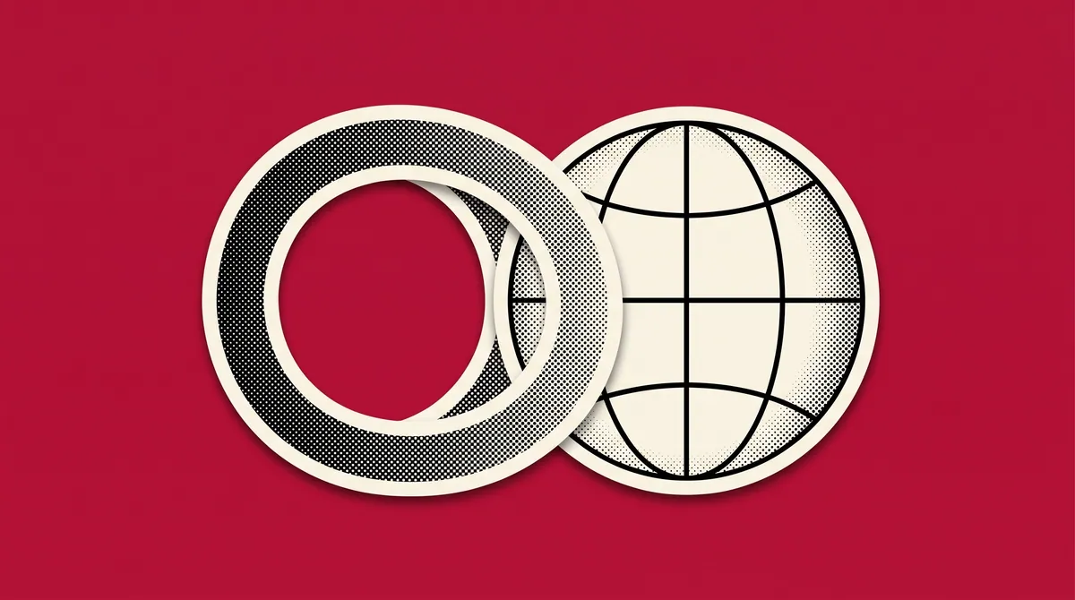 A halftone paper cutout of two interlocking rings and a globe on a flat coloured background