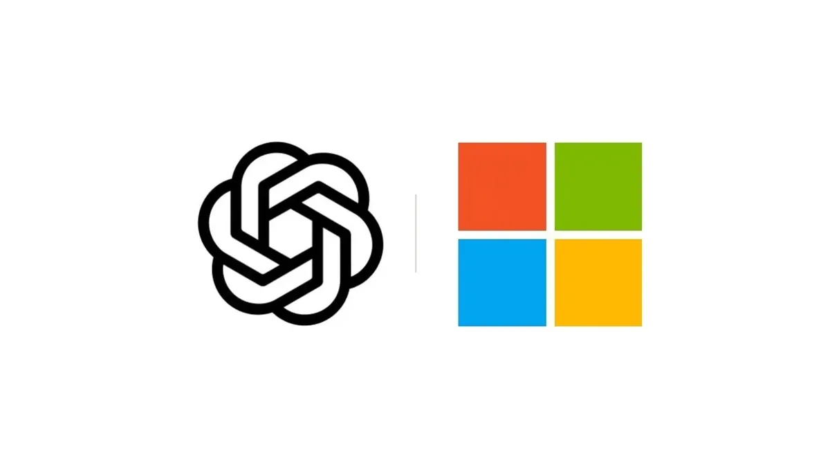 The OpenAI and Microsoft logos side by side, for ChatGPT arriving in Microsoft Word