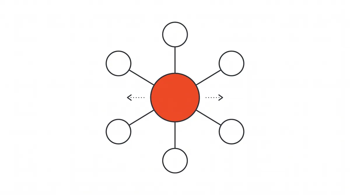 Line-art illustration of a hub-and-spoke partner network marking OpenAI's advertising expansion