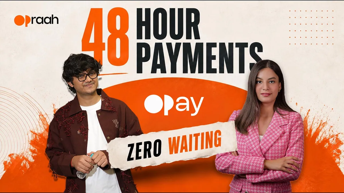 Two people flanking the OPay logo in Opraah's 48 Hour Payments campaign key visual