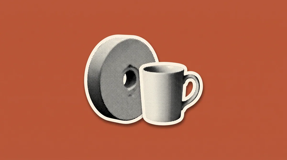 A halftone paper cutout of a grain mill stone and a cup on a flat coloured background