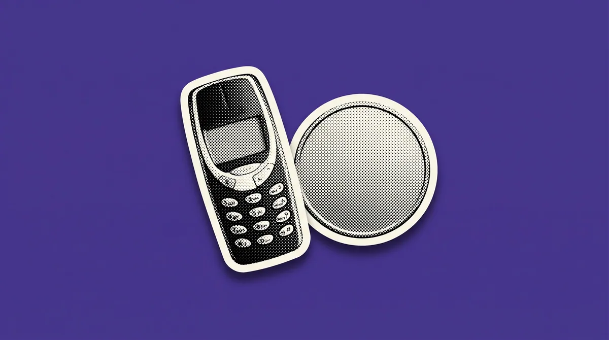 A halftone paper cutout of a feature phone with buttons and a rupee coin on a flat coloured background