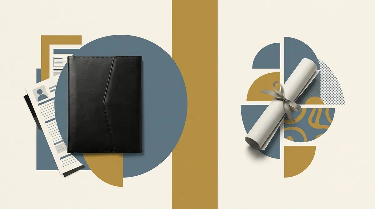 A folded portfolio and a rolled diploma scroll placed on opposite sides of a flat colour divide