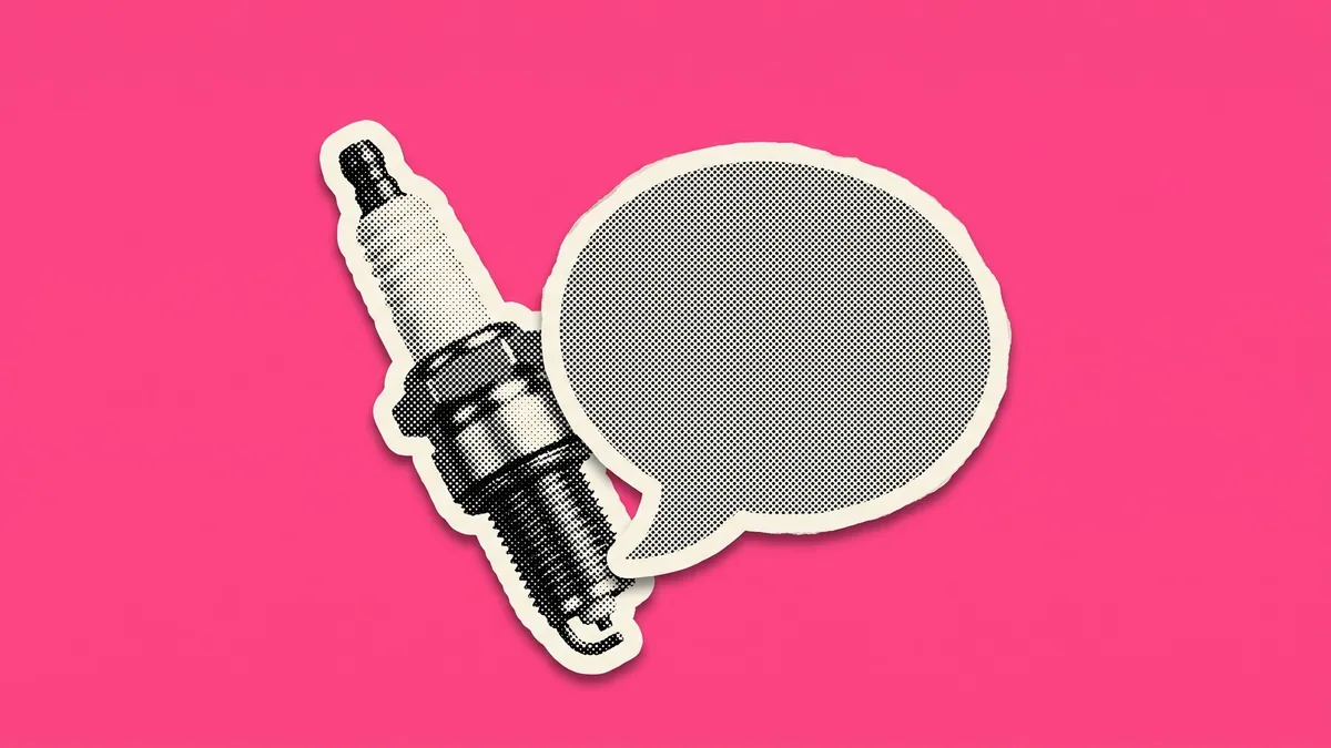A halftone paper cutout of a spark plug and an empty speech bubble, on a flat hot pink background