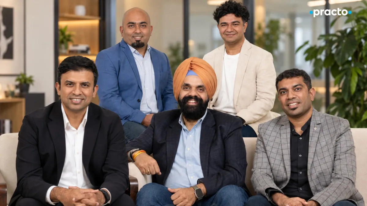 Practo leadership: Siddhartha Nihalani and Abhinav Lal standing behind Shashank ND Singh, Jagnoor Singh and Rowel Coelho