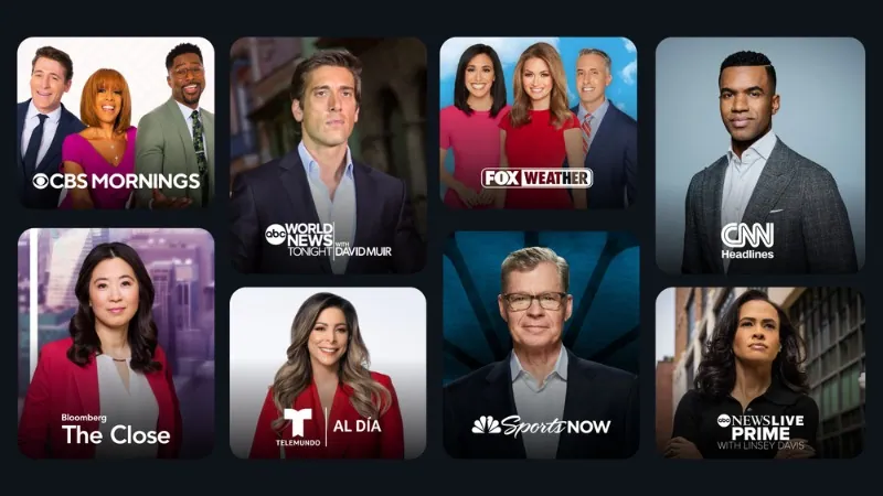 Presenters from CBS, ABC, CNN, Bloomberg and NBC news shows arranged in a grid, in Prime Video's news destination artwork