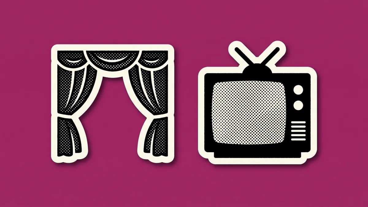 Halftone paper cutout of a theatre curtain and a television set on a saturated magenta background, for the JALLOSH launch on Prime Video