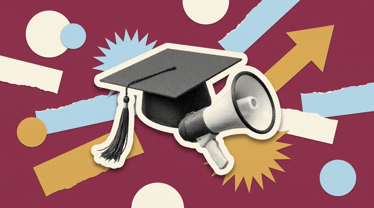 Illustration of a graduation cap and megaphone marking Primex Media Services' Parul University mandate