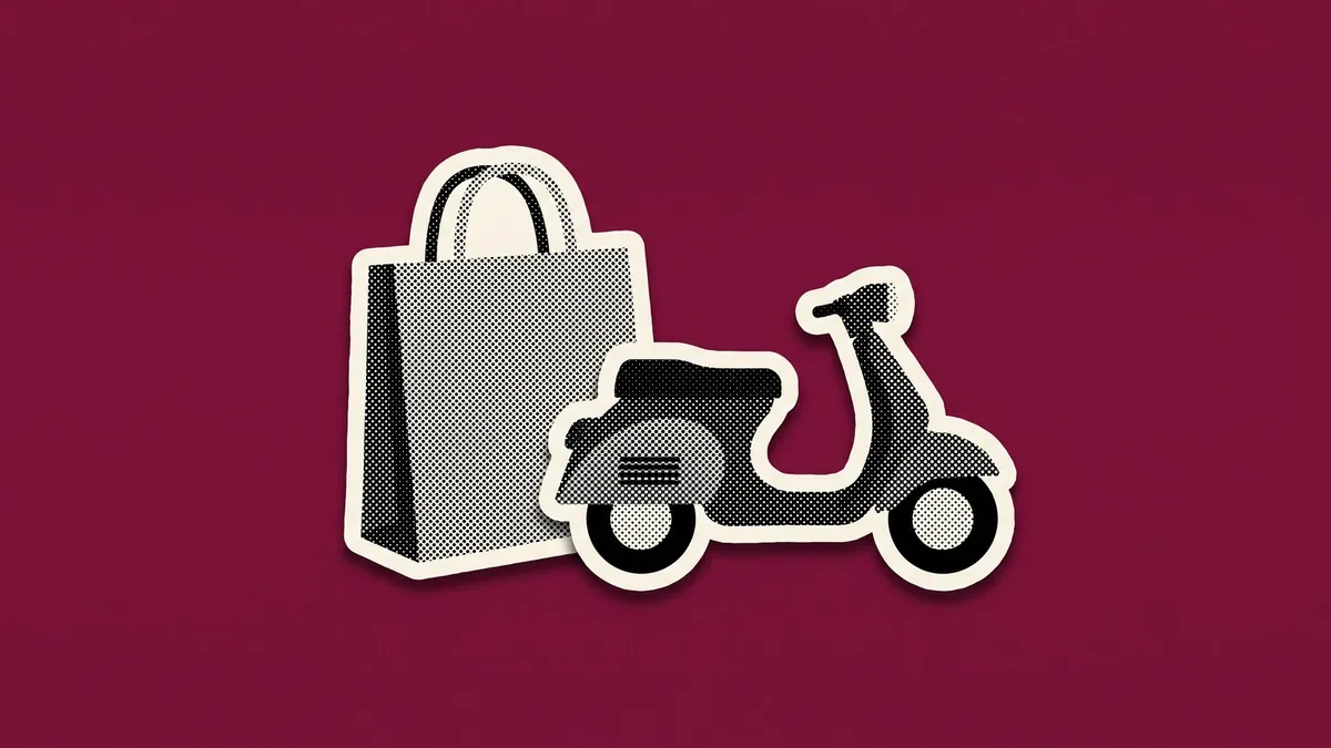 A halftone paper cutout of a shopping tote bag and a delivery scooter, on a flat deep maroon background
