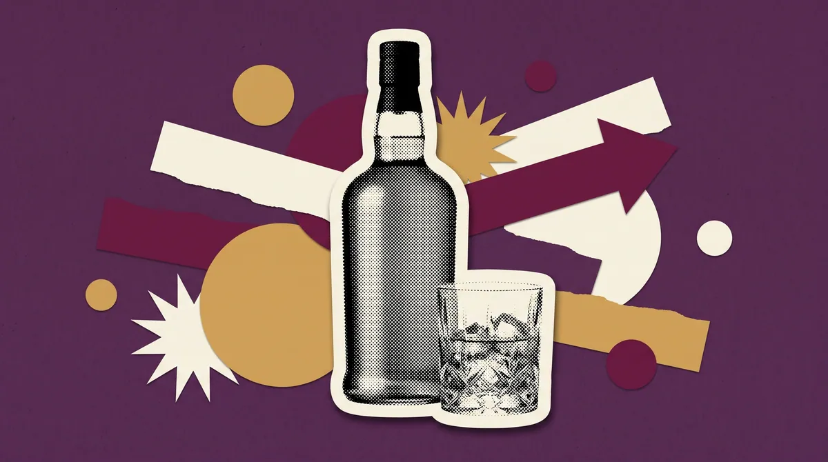 Illustration of a spirits bottle and tumbler marking Radico Khaitan's Q1 FY27 results