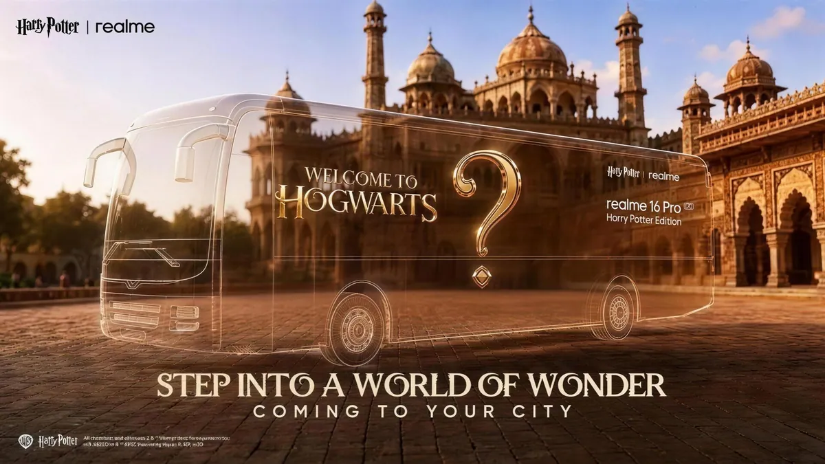 A glass Harry Potter-themed bus in front of a palace, in realme's Welcome to Hogwarts campaign visual for the realme 16 Pro 5G Harry Potter Edition