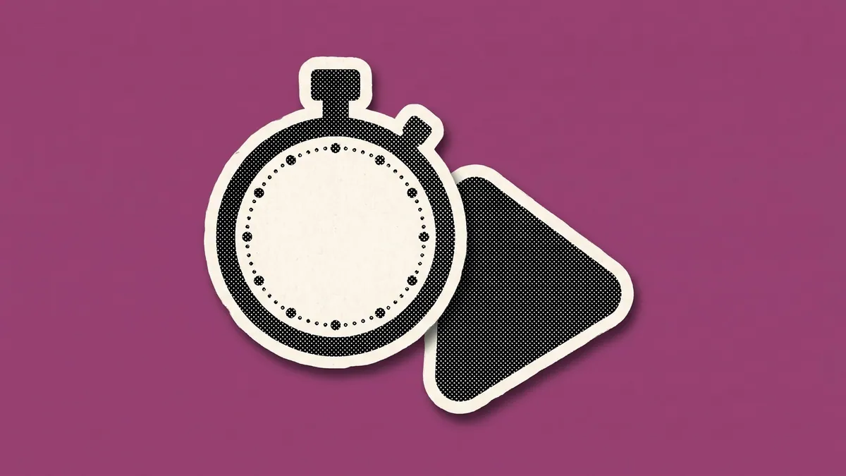 A halftone paper cutout of a stopwatch and a rounded play triangle, on a flat plum background