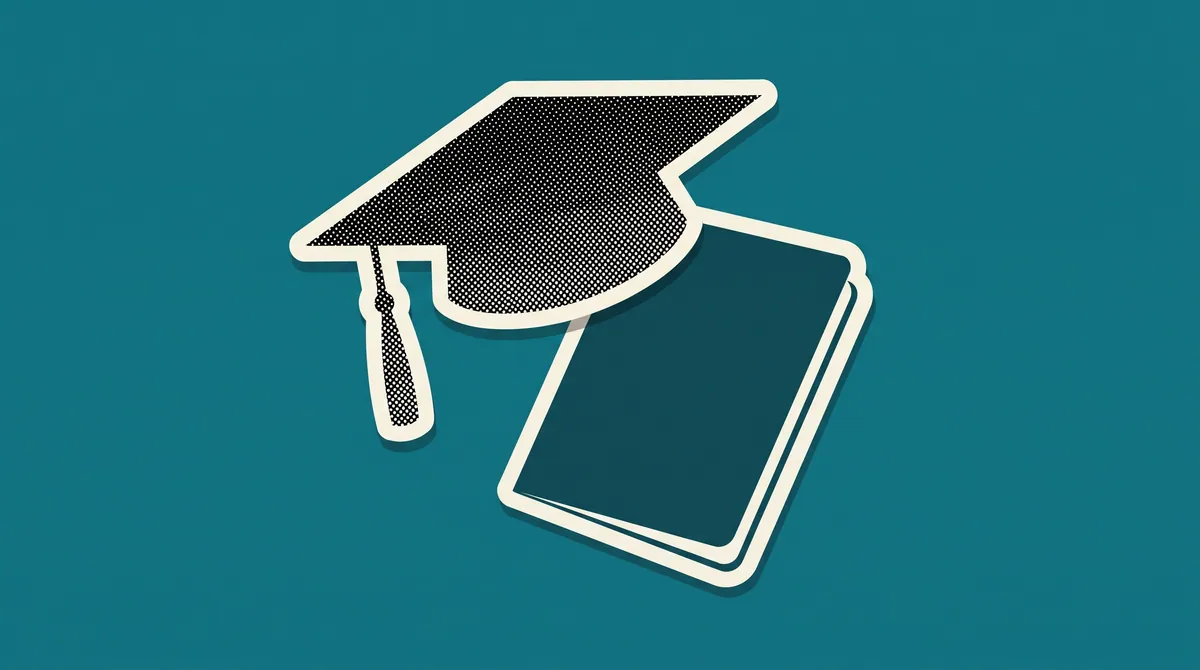A halftone paper cutout of a graduation cap and a passport on a flat coloured background