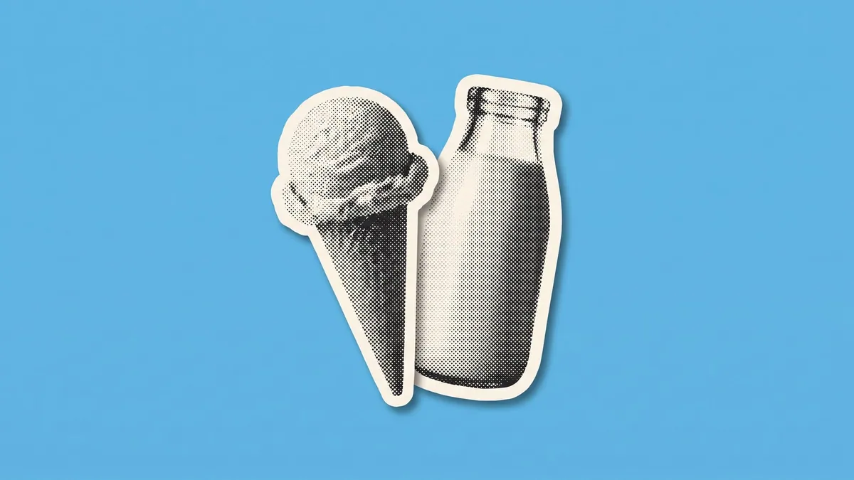 A halftone paper cutout of an ice cream cone and a glass milk bottle, on a flat sky blue background