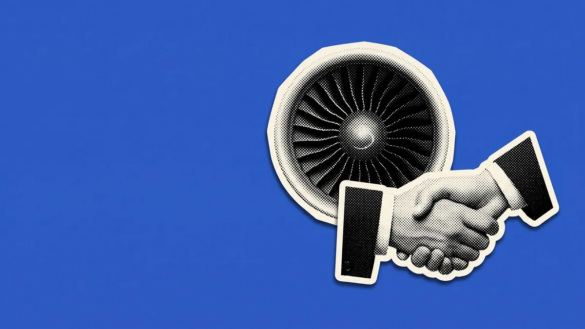 Halftone paper cutout of a turbine blade and a handshake on a saturated cobalt field
