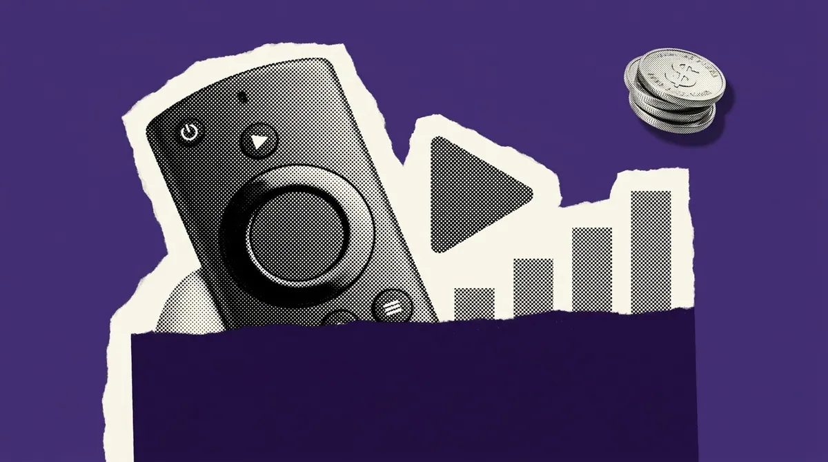 A streaming remote control beside a rising advertising revenue chart