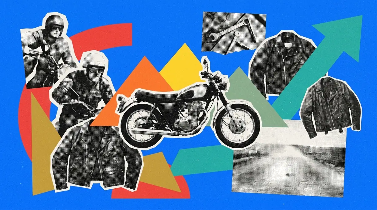 A collage of a motorcycle, riders in helmets and an open road with arrows