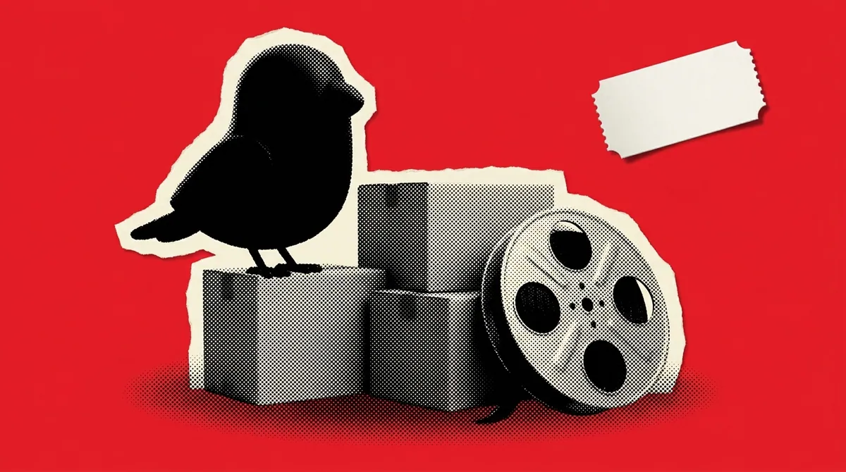A red bird character silhouette beside licensed merchandise boxes