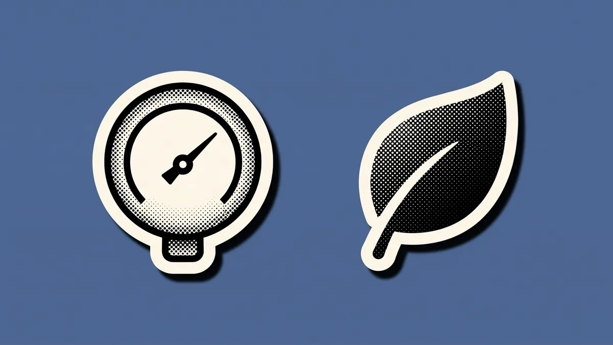 Halftone paper cutout of an industrial pressure gauge and a leaf on a saturated slate blue background, for the SFK Industries rebrand