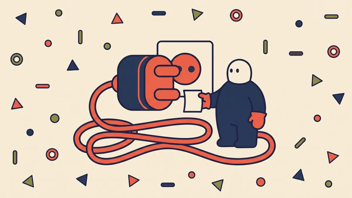 A flat vector character holding a blank paper slip beside an oversized plug and wall socket