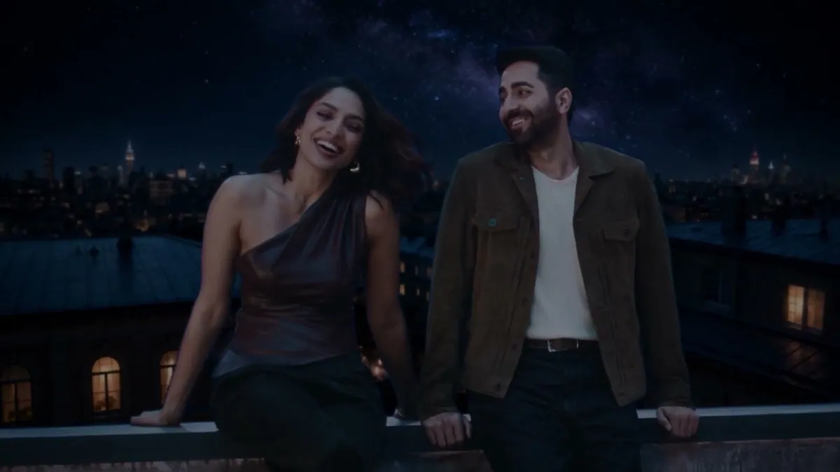 Sobhita Dhulipala and Ayushmann Khurrana on a rooftop under a night sky, in SKINN's Make every moment special film