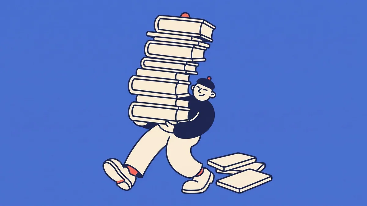 A flat vector character carrying an enormous stack of identical presentation boards